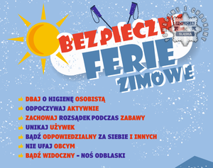 Plakat z napisem Bezpieczne Ferie.