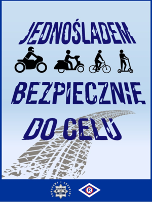 Plakat przedstawiający jadącego na hulajnodze, rowerze, motorowerze, motocyklu.