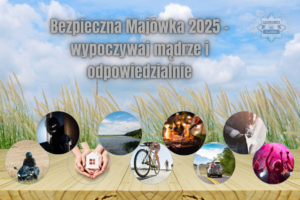 Plakat z przedstawieniem różnych form wypoczynku, np. jazda na motorze, rowerze, spacerowania, jazda samochodem, grilowanie.