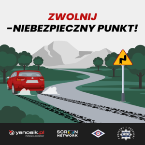Plakat z samochodem i drogą.