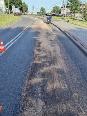 Zdjęcie Policjanta i plamy oleju na drodze.