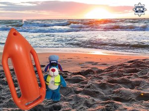Zdjęcie policyjnej maskotki na plaży, oraz morze.