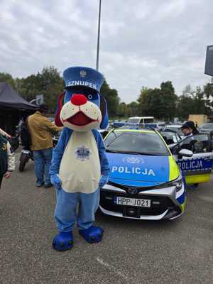 Zdjęcie przedstawiające radiowóz oraz Sznupka.