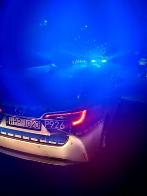 Zdjęcie radiowozu z włączonymi światłami koloru niebieskiego.