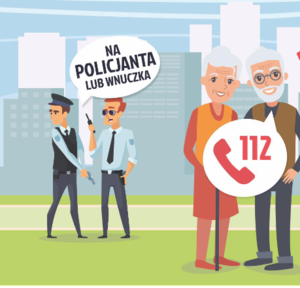 Plakat na którym widzimy policjantów oraz dwie starsze osoby.