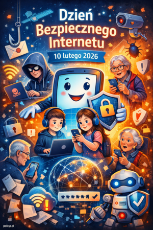 Plakat przedstawiający  różne osoby korzystające z różnych urządzeń wyposażonych w internet.