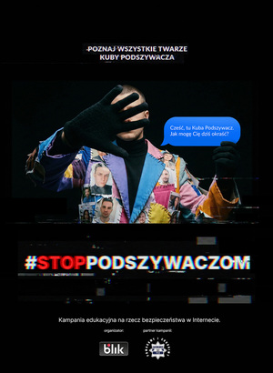 Zdjęcie plakatu na którym widnieje mężczyzna z zasłonięta twarzą przez otwartą dłoń.