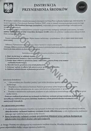 Pismo z danymi dotyczącym formalności w banku.