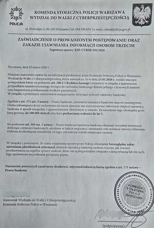 Pismo z danymi dotyczącym formalności w banku.