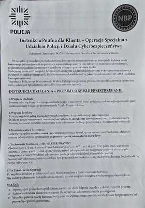 Pismo z danymi dotyczącym formalności w banku.