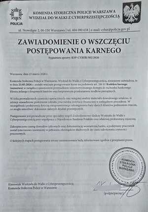 Pismo z danymi dotyczącym formalności w banku.