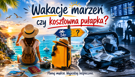 Plakat na którym widzimy kobietę oraz walizki.