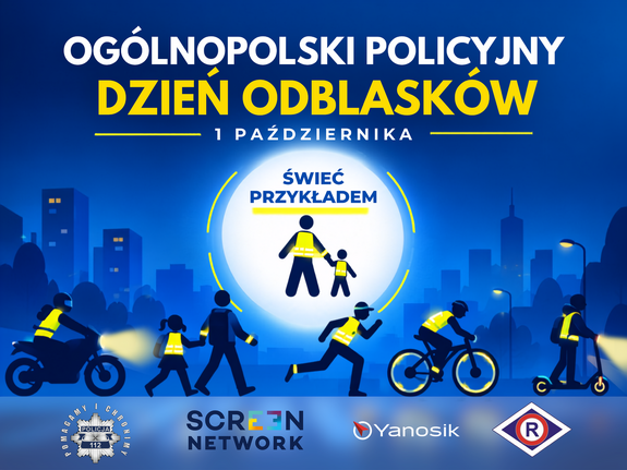 Plakat na którym widzimy pieszego, rowerzystę, motorowerzystę, kierującego hulajnogą.